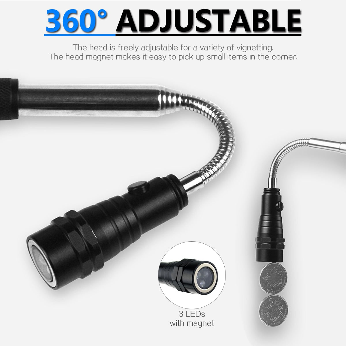 Magnetic Pocket LED Work Light with Flexible, Extendable Telescoping Flashlight, and Dual Magnet Bases